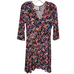 Leota Handmade Colorful Faux-Wrap Abstract Purple/Pink Fit and Flare Midi Dress
